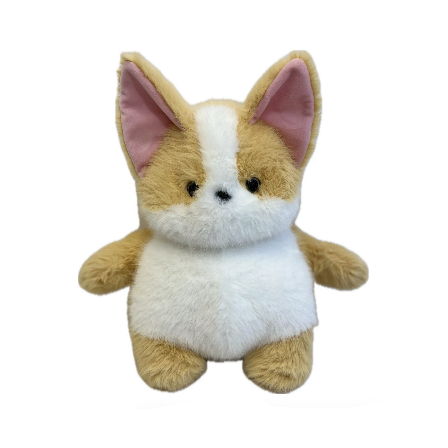 Plush toy dog with brown and white fur on a website page