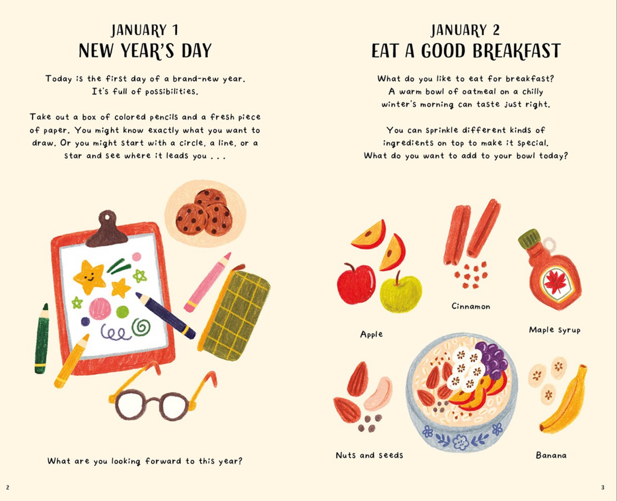 Illustrated pages from a book about New Year's Day and eating a good breakfast.
