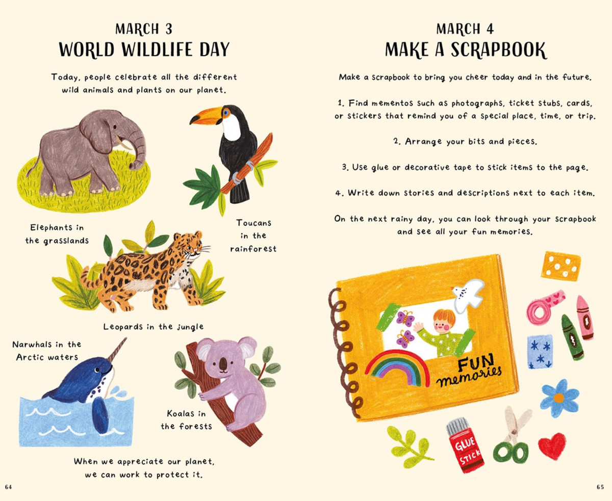 Illustrated page from a book about World Wildlife Day and making a scrapbook, featuring animals and stationery items.