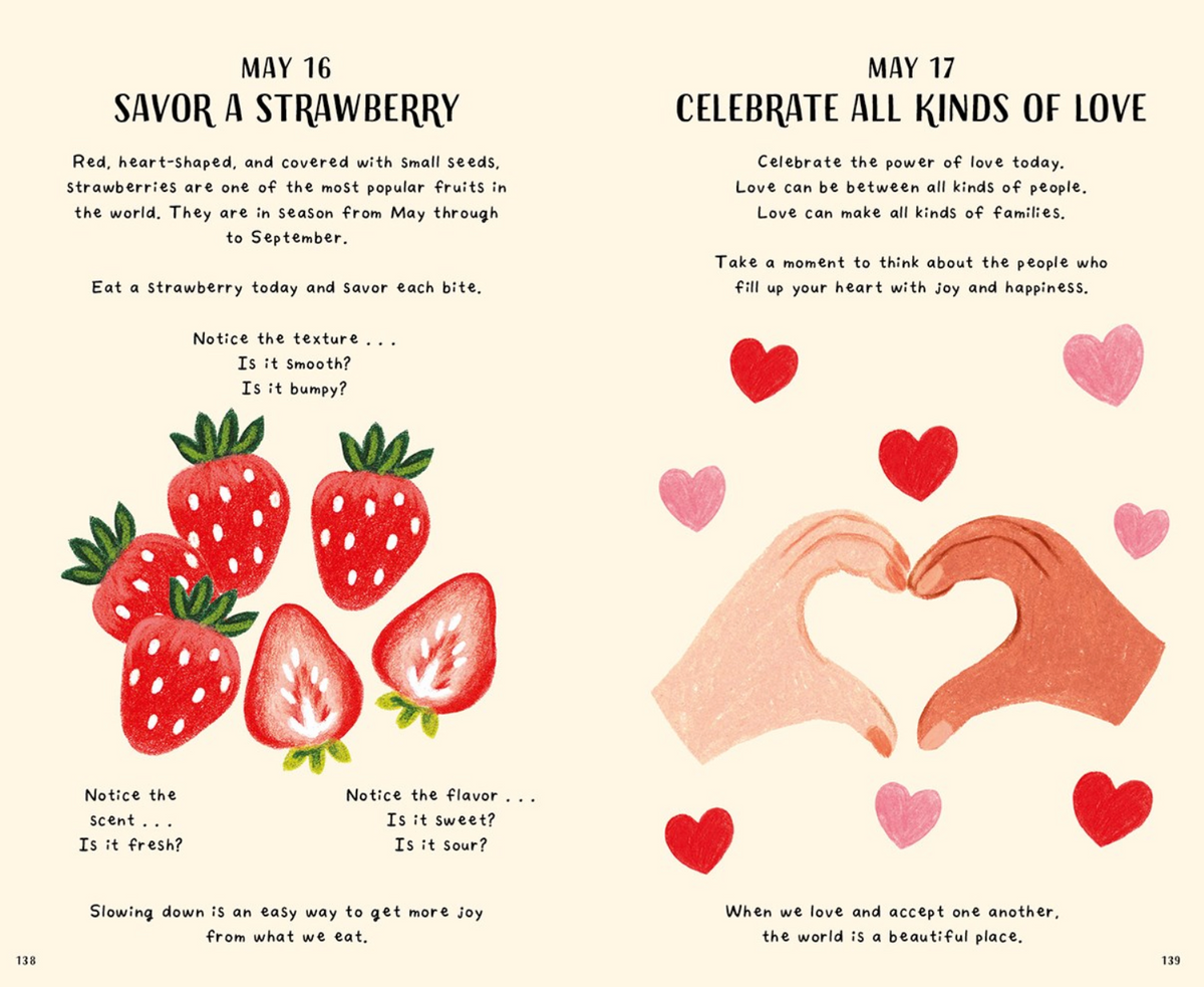 Educational page about strawberries and love with illustrations and text.