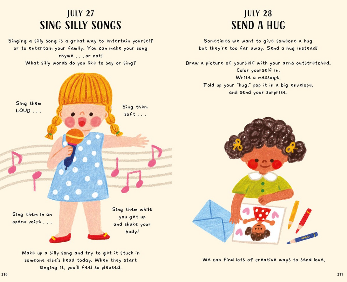 Illustrated page from a children's book with two characters and text for July 27 and July 28 activities.
