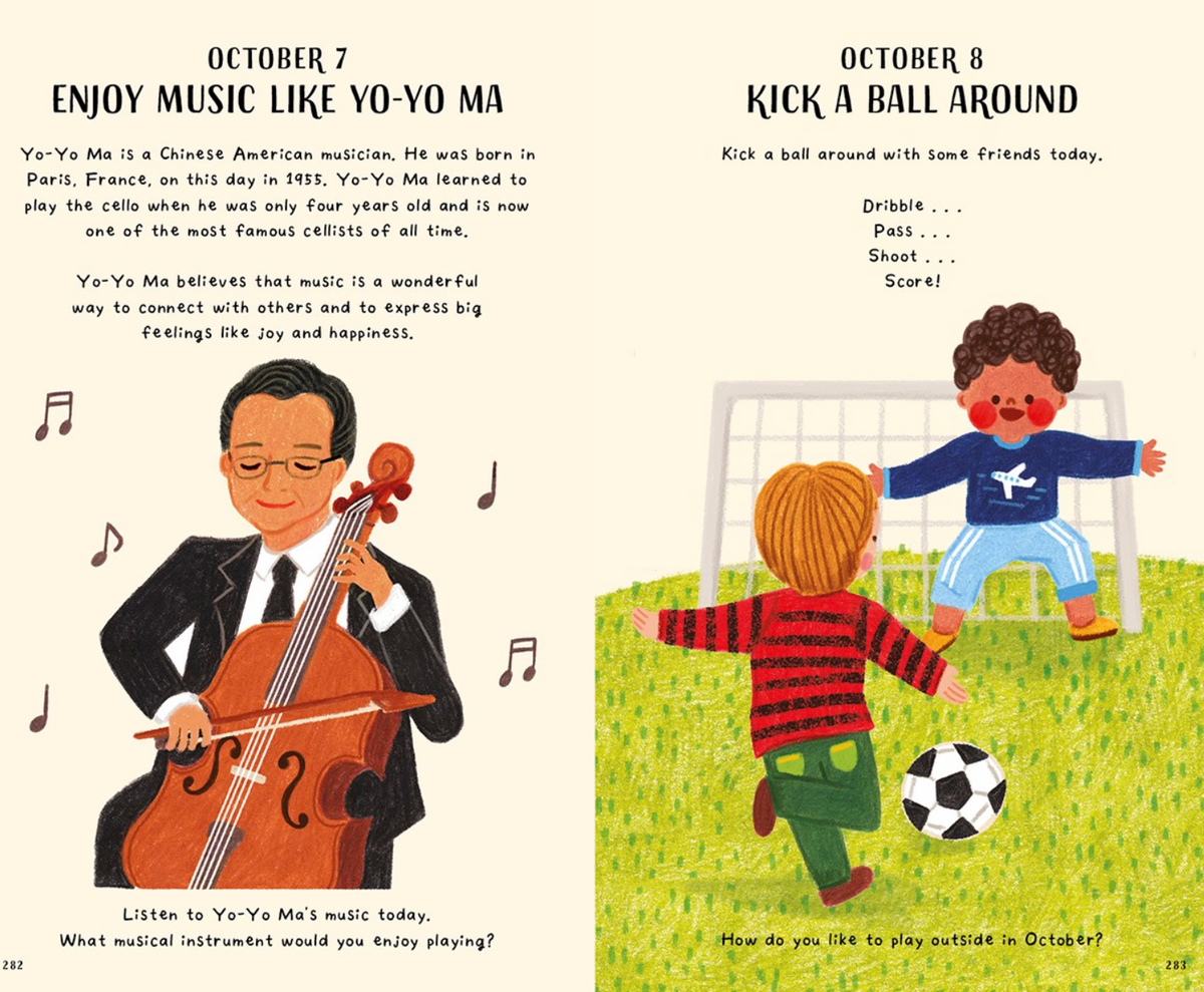 Illustrated page from a children's book featuring Yo-Yo Ma and children playing soccer.