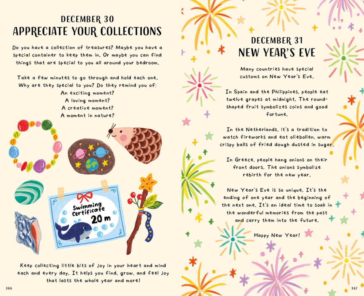 Page from a book with illustrations and text about collections and New Year's Eve traditions.