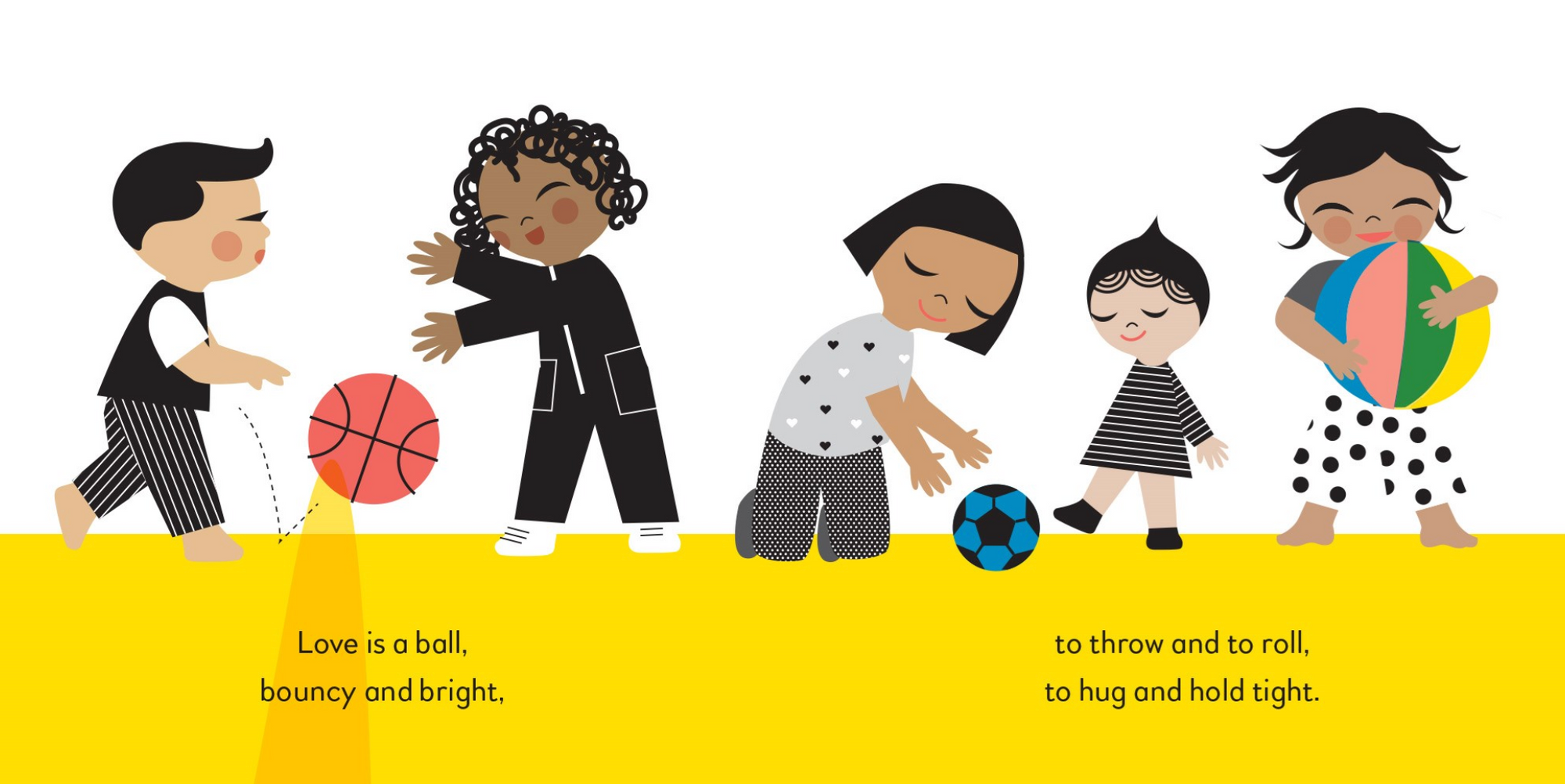 Illustrations of children playing with sports balls on a yellow background