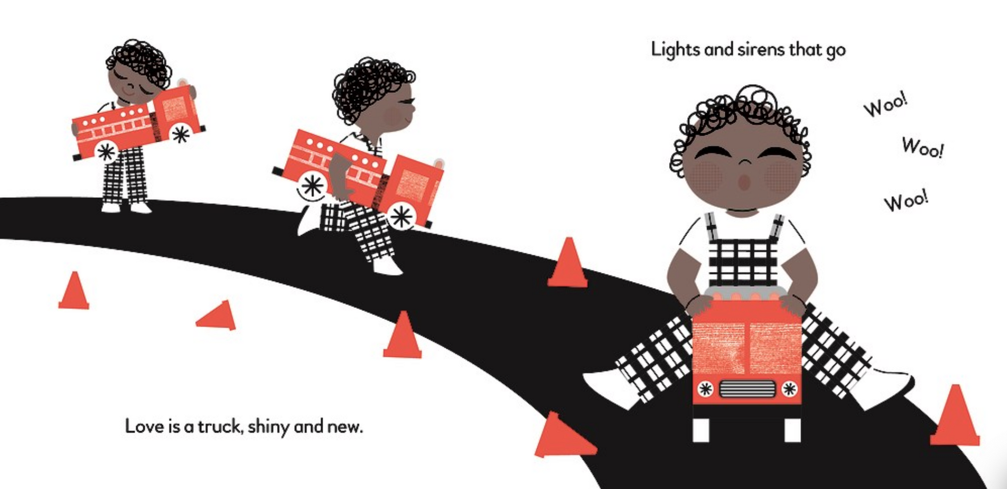 Illustration of children with a truck and traffic cones on a computer screen.