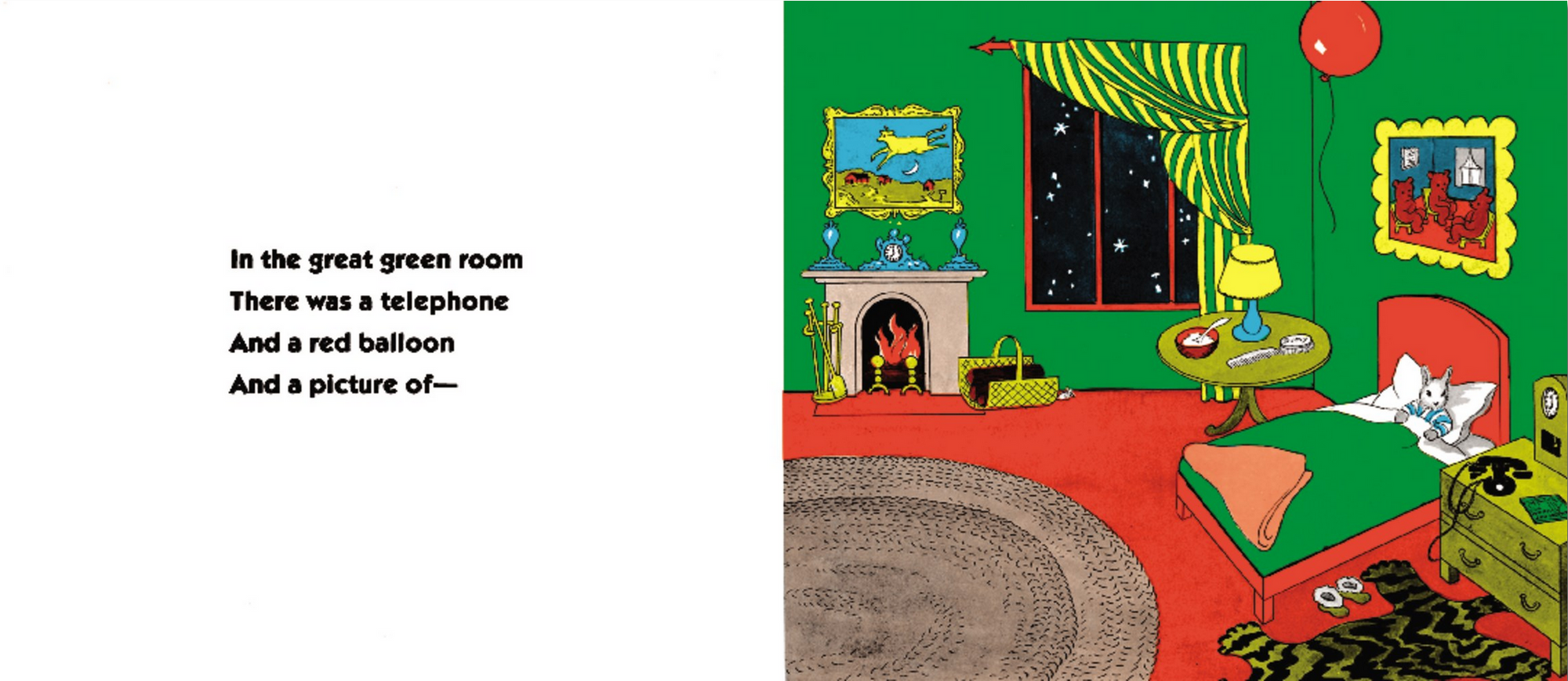 Colorful children's room illustration with text, featuring a telephone, red balloon, and picture.
