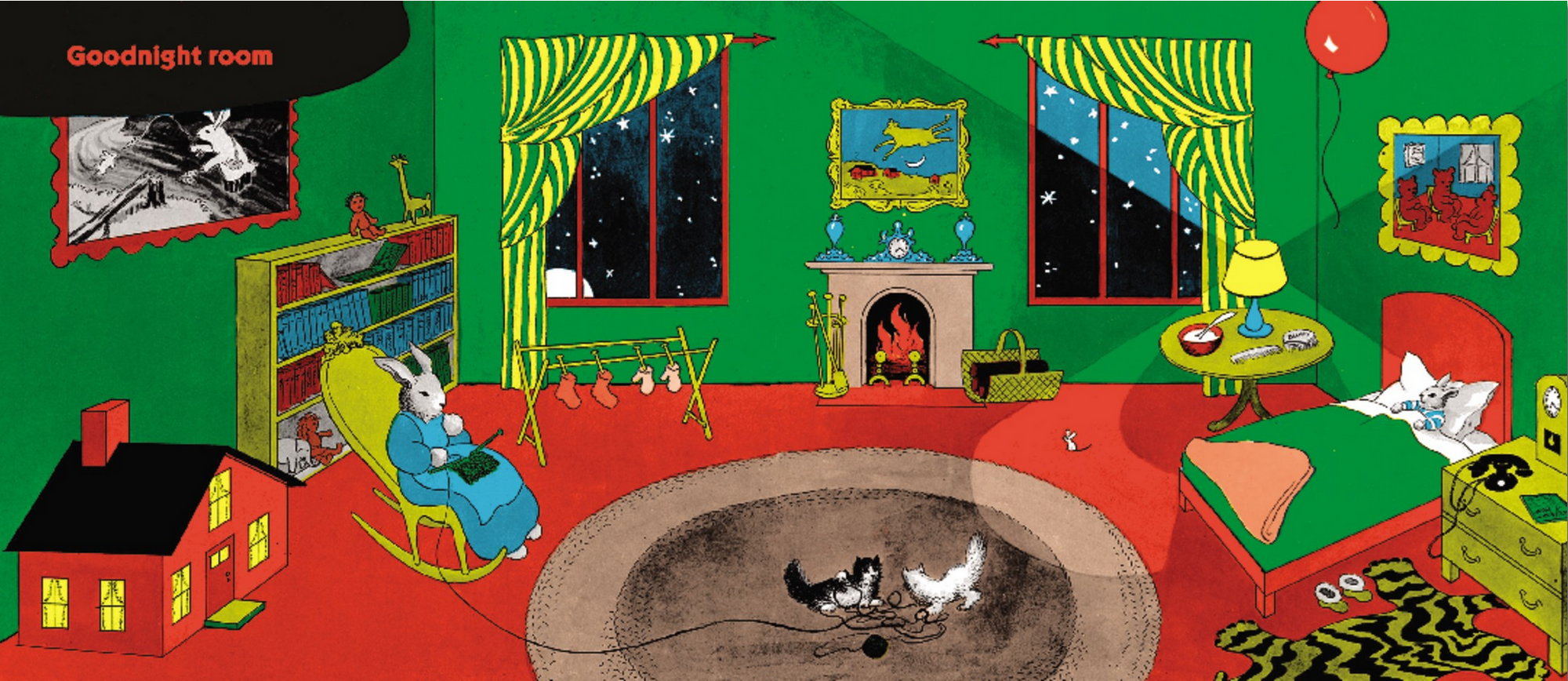 Colorful illustration of a room with furniture and decorative elements.