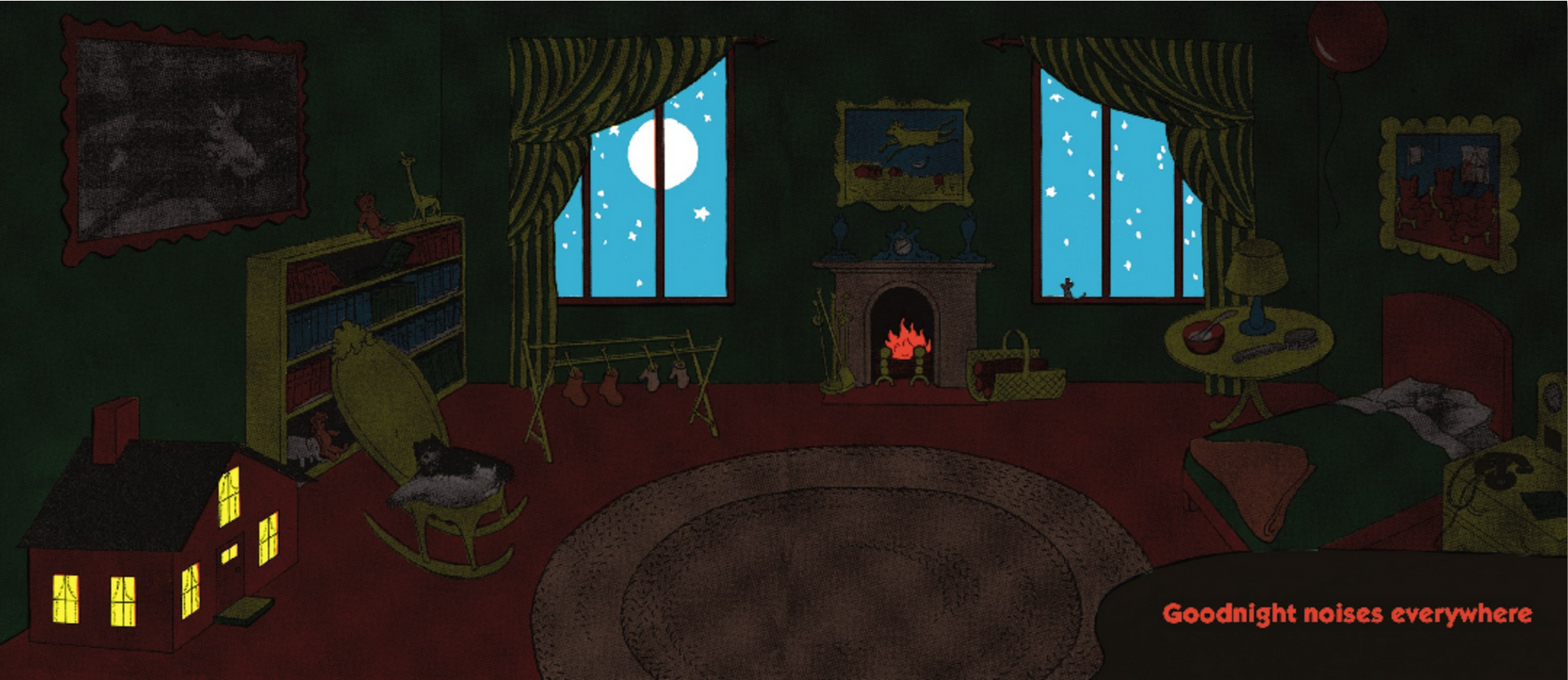 Children's room with moonlit window, toys, and a fireplace.