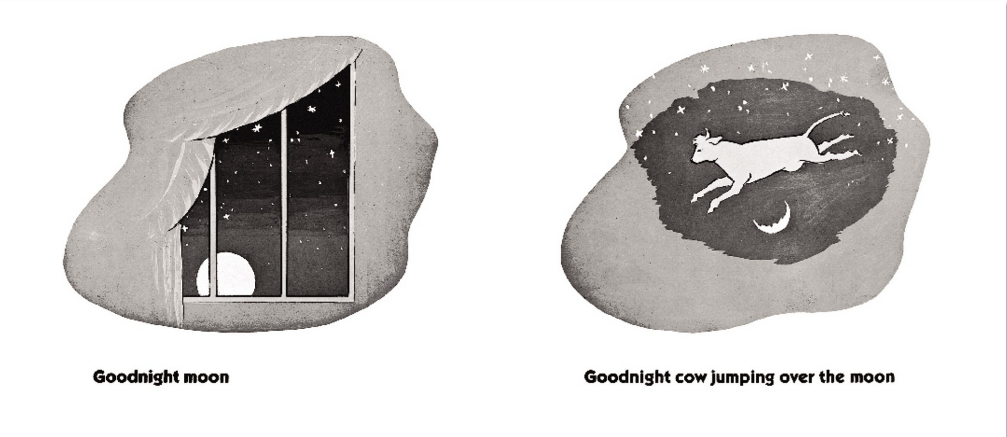 Two stone carvings with 'Goodnight moon' and 'Goodnight cow jumping over the moon' inscriptions.