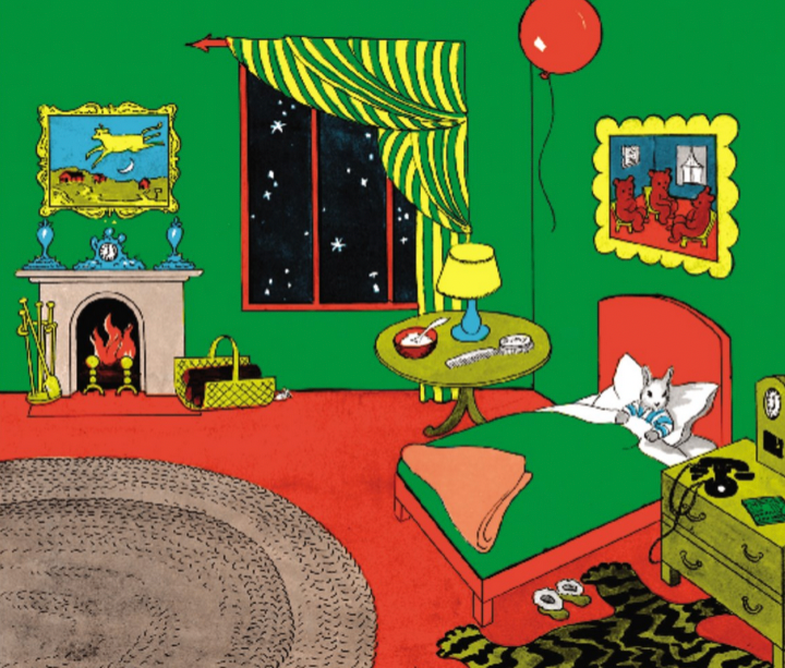 Colorful illustration of a child's bedroom with a bed, fireplace, and window.