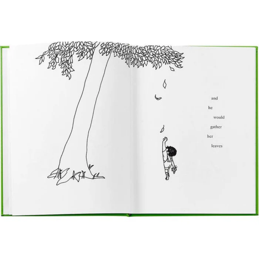 Illustration of a person gathering leaves from a tree in an open book.