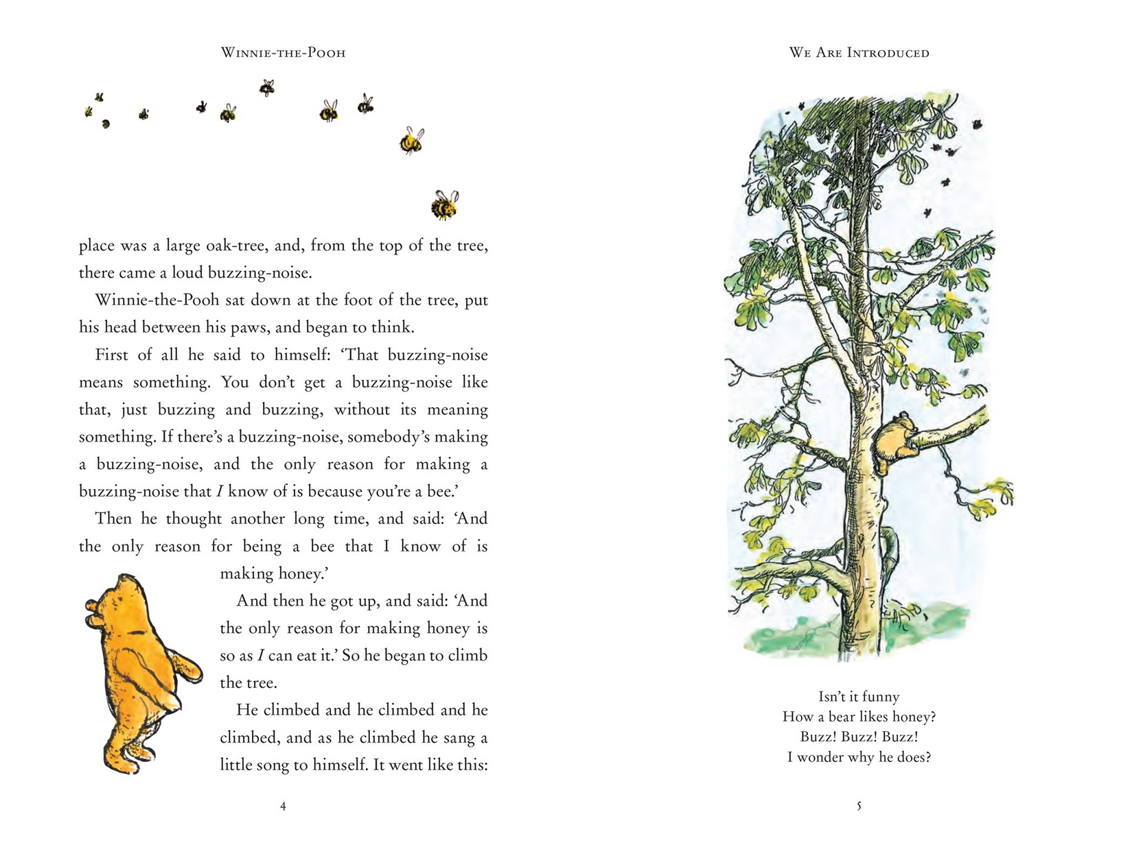 Illustrated book page with Pooh and tree, featuring text and honeybees.