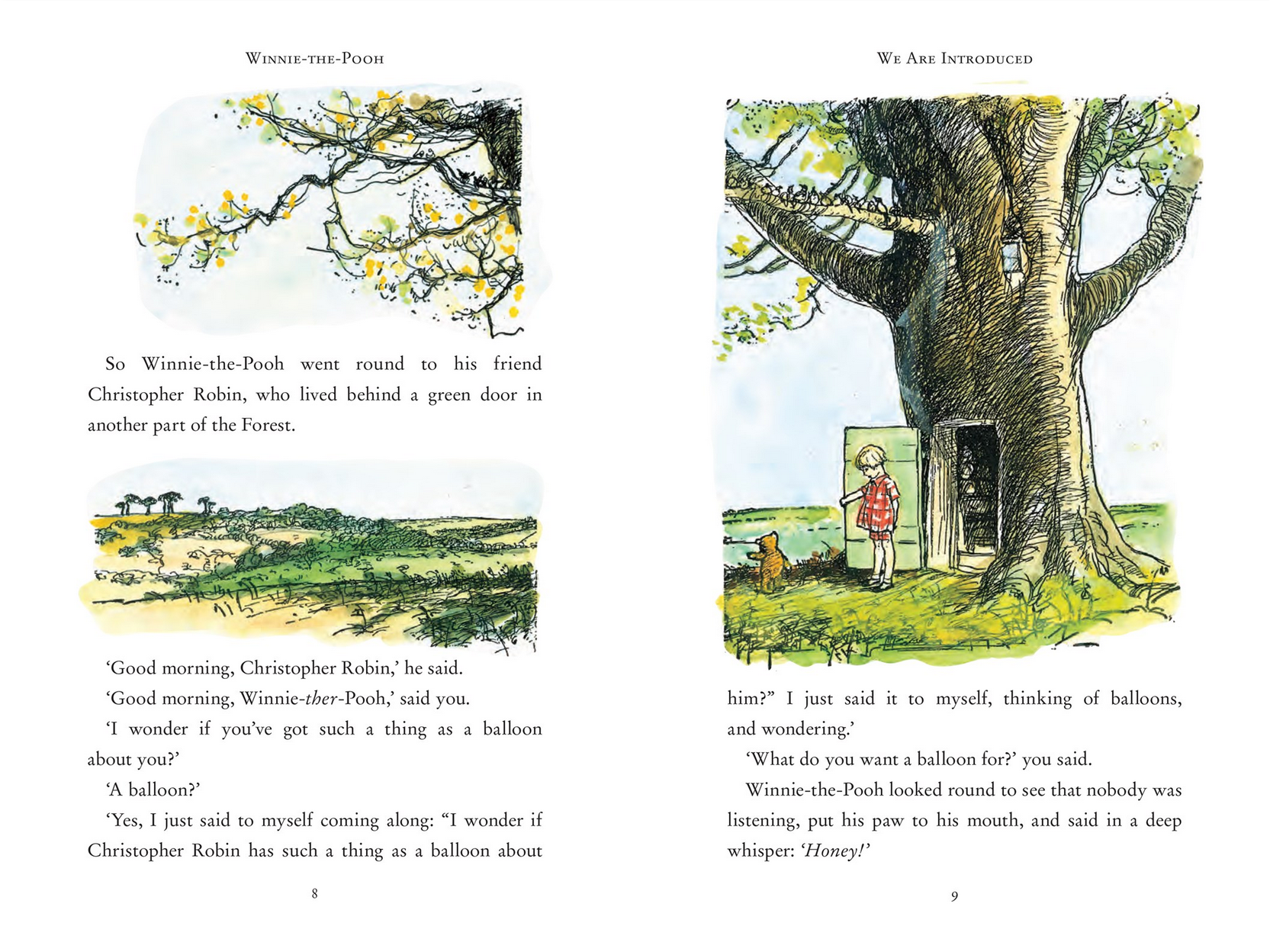 Illustrated book pages from 'Winnie-the-Pooh' with a tree and character depiction.