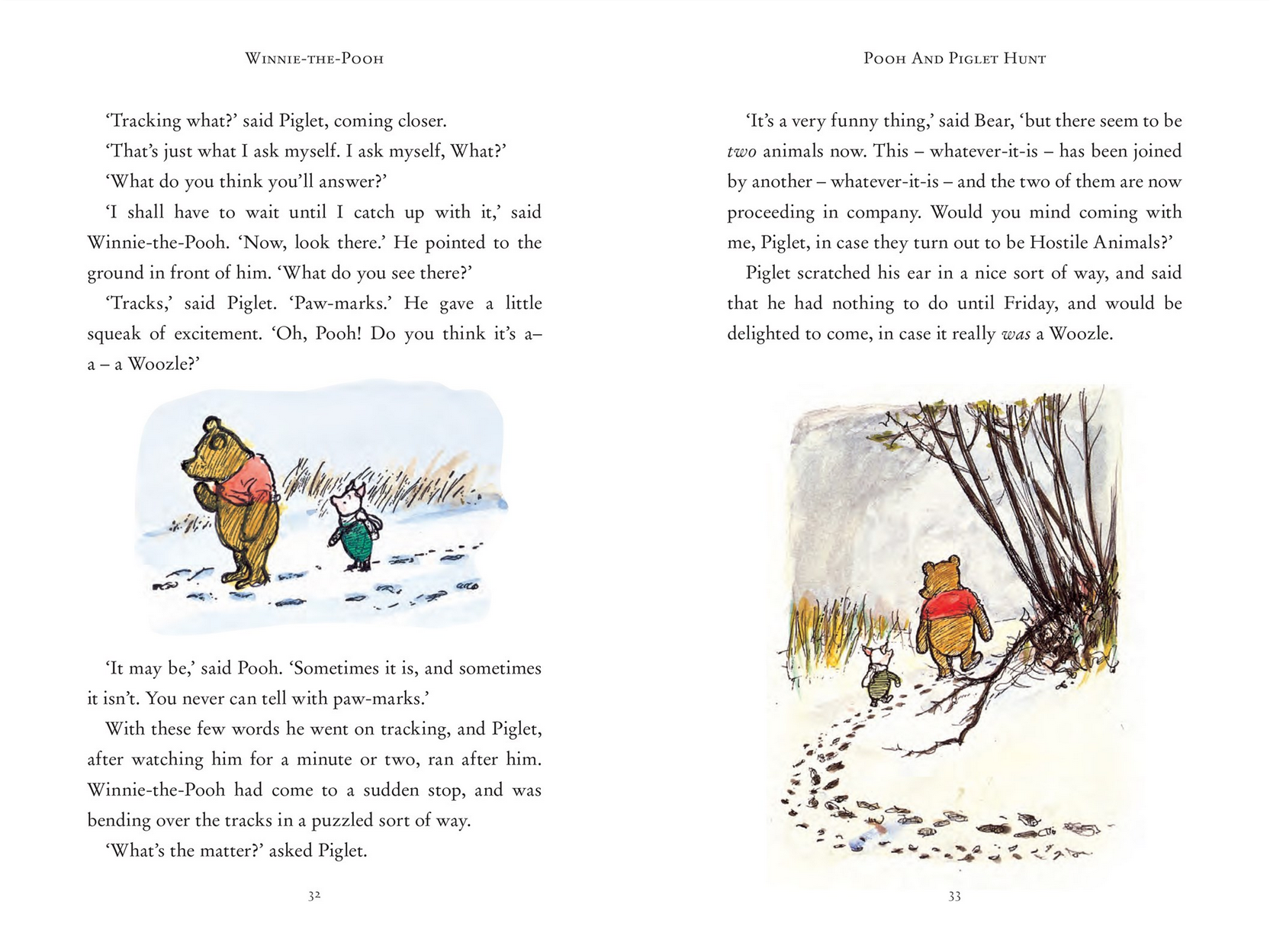 Page from a book featuring illustrations of Winnie the Pooh and Piglet in a snowy landscape with text.