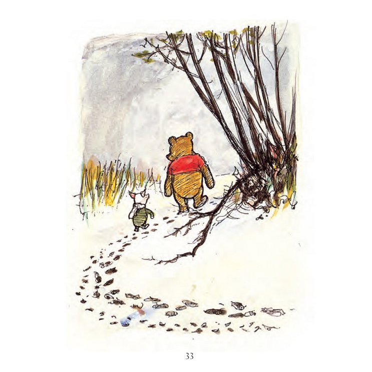 Illustration of a bear and a cat walking together in a snowy landscape, with text at the top.