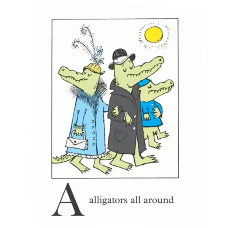 Illustration of three alligators in hats and coats with the letter 'A' and text 'alligators all around'.