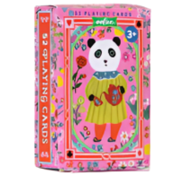 Colorful playing card set with panda design on a white background