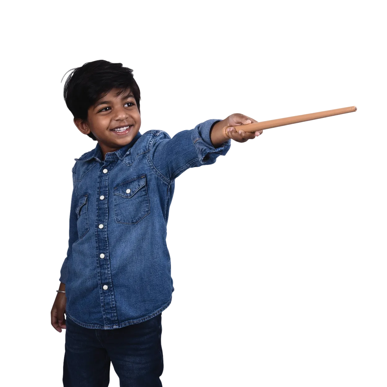 Child holding a wand against a white background
