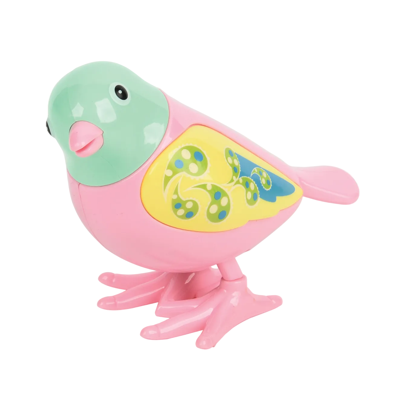 Colorful toy bird with a pink body and green head on a white background