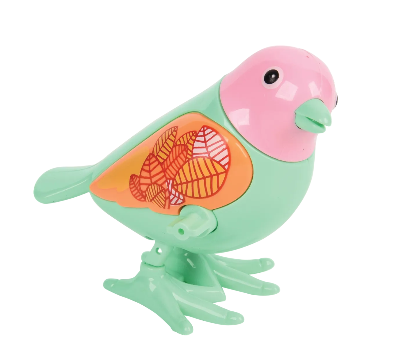 Toy bird with a pink head and green body on a white background