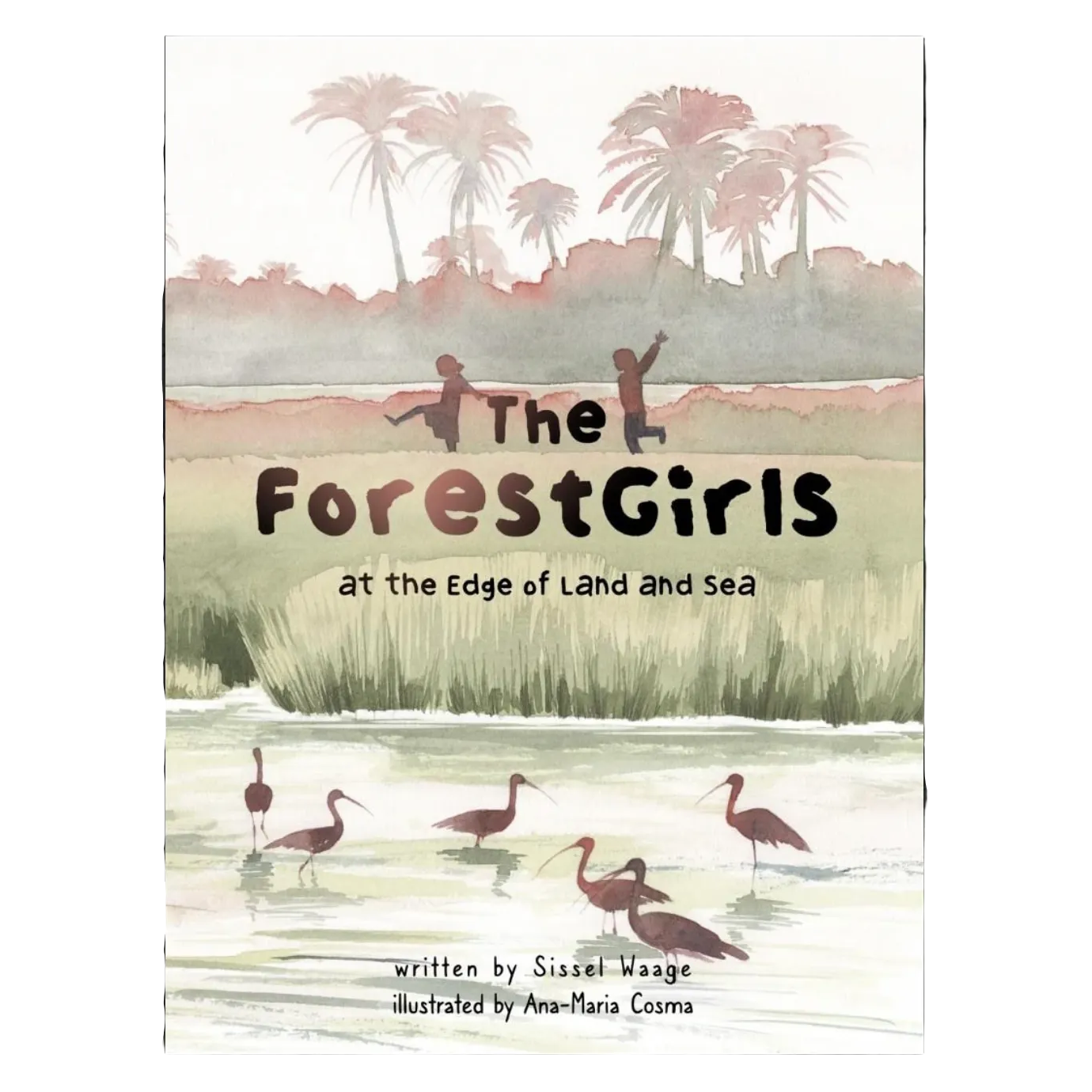 Book cover of 'The Forest Girls at the Edge of Land and Sea' with illustrations of children, trees, and water.