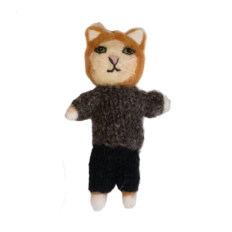  knitted cat plush, one in a sweater and one in a dress, on a white background.