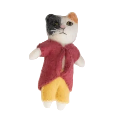 cat-shaped plush toy with a red shirt and yellow pants on a white background.