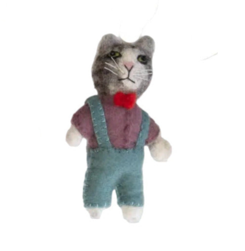 Three cat-shaped finger puppets wearing clothing on a white background
