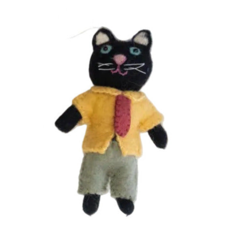 A plush cat toys with a yellow shirt and gray pants on a white background.