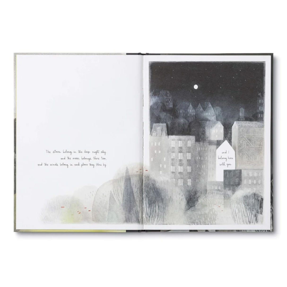 Open book with a black and white illustration of a cityscape at night.