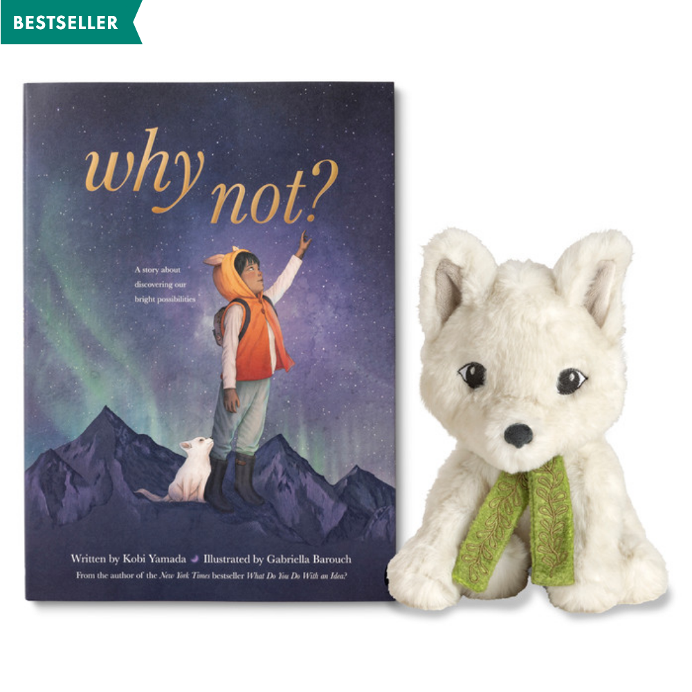 Book titled 'why not?' with a plush wolf toy on a white background