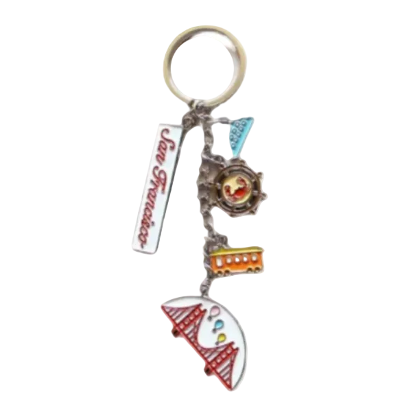 Colorful keychain with various charms on a white background