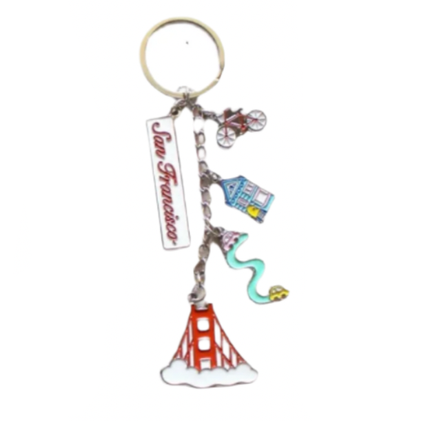 Keychain with San Francisco-themed charms on a white background