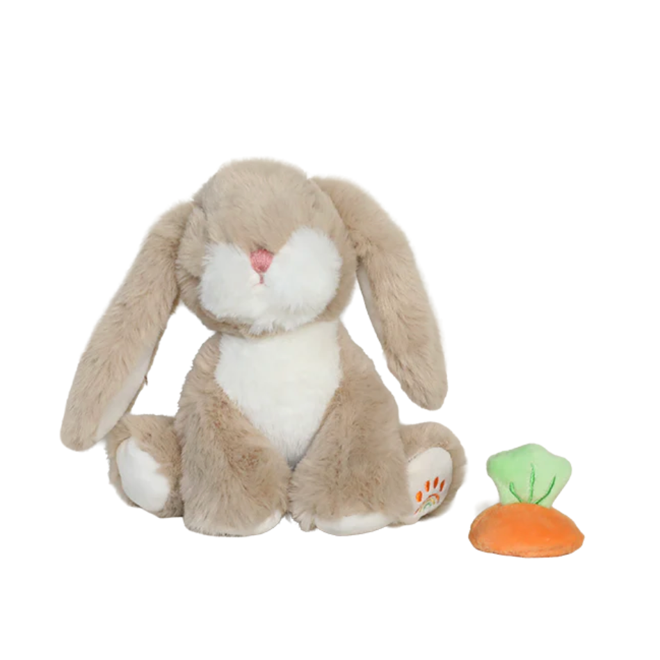 Plush rabbit toy with a carrot-shaped tag on a white background