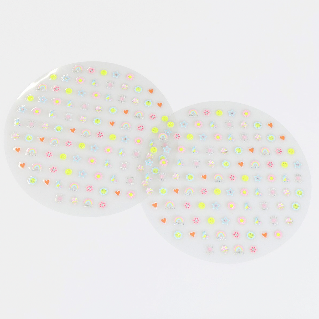 Two clear nail stickers with colorful designs on a white background