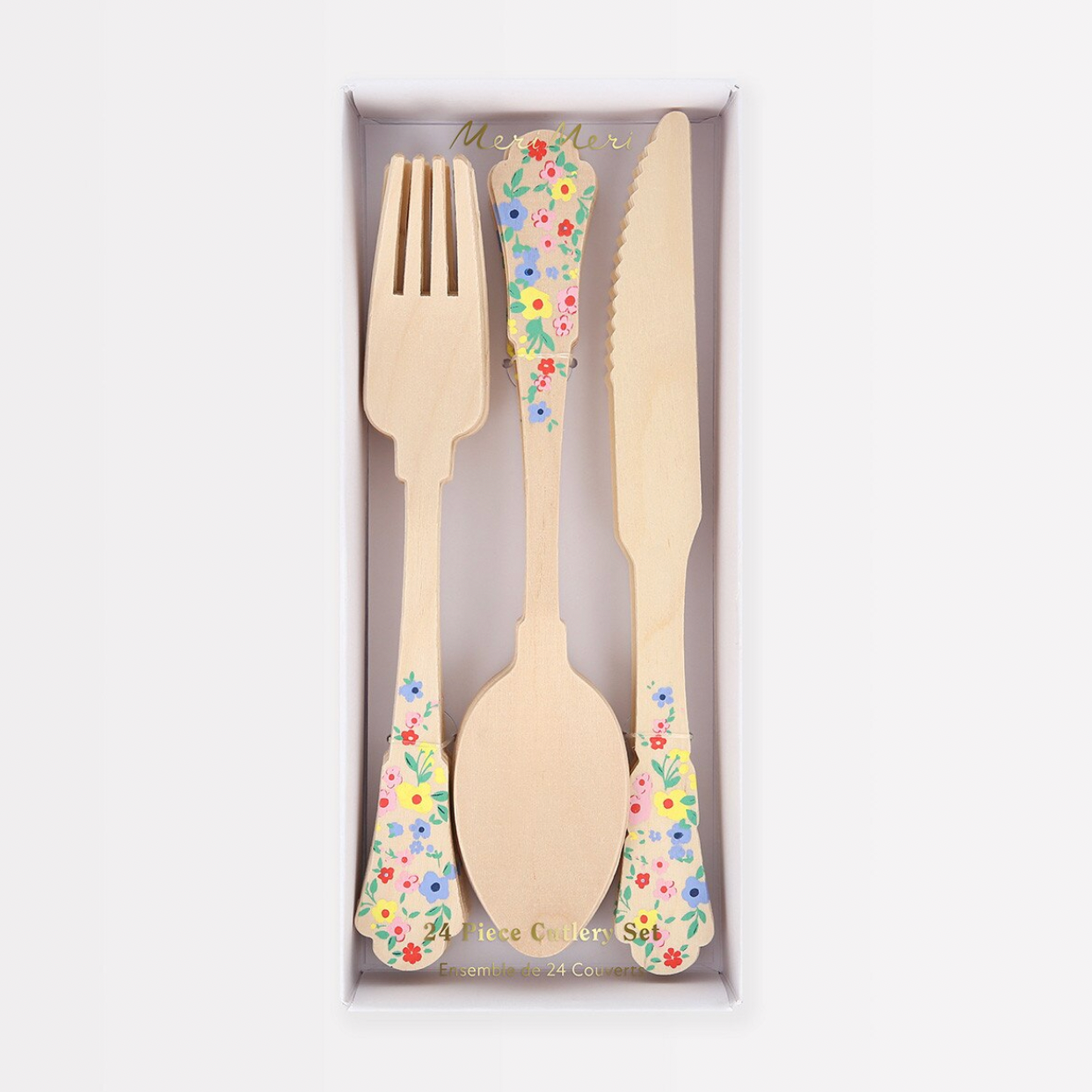 Set of wooden cutlery with floral patterns in a box on a white background