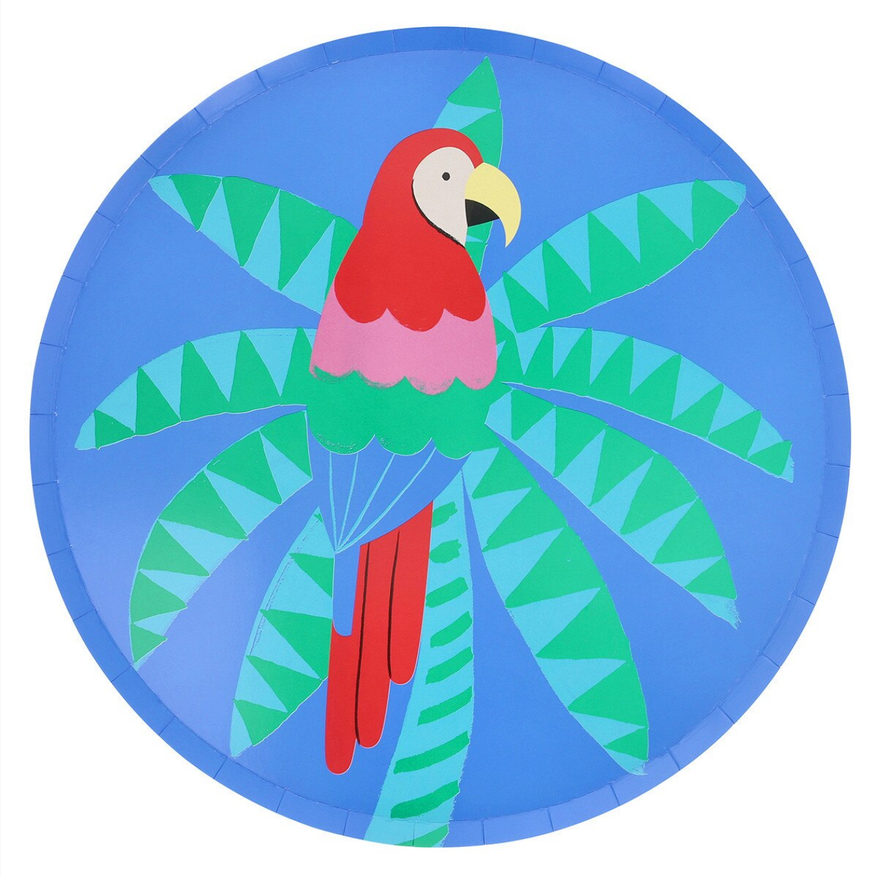 Colorful paper plate with a parrot design on a blue background
