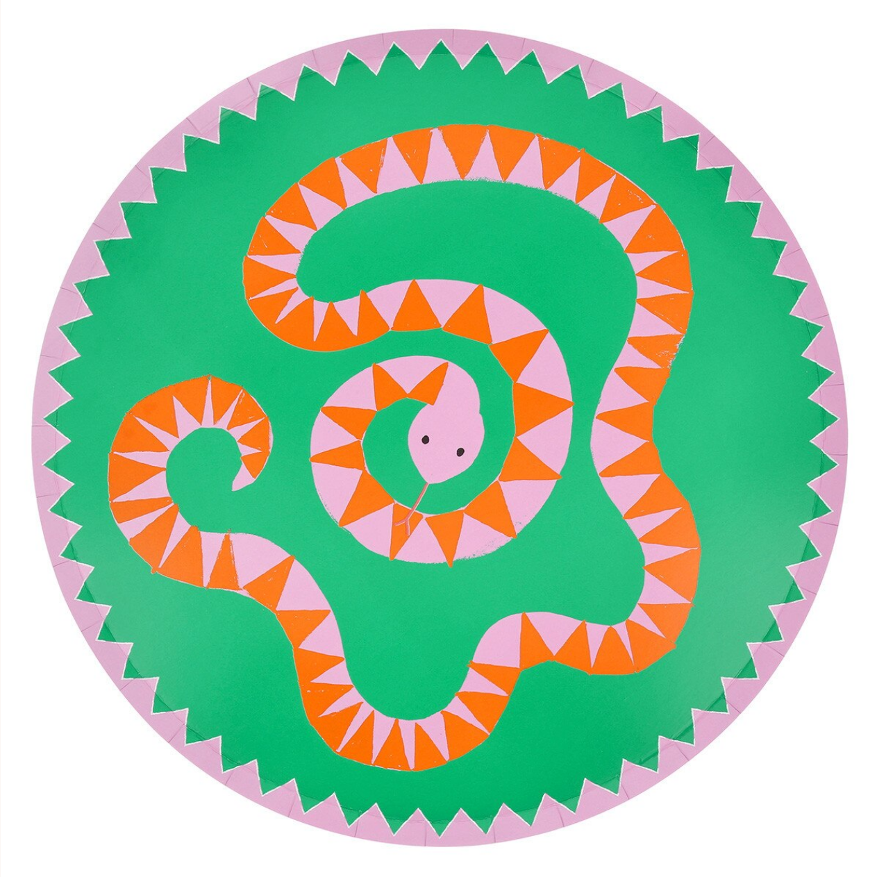 Circular sticker with a stylized snake design on a green background