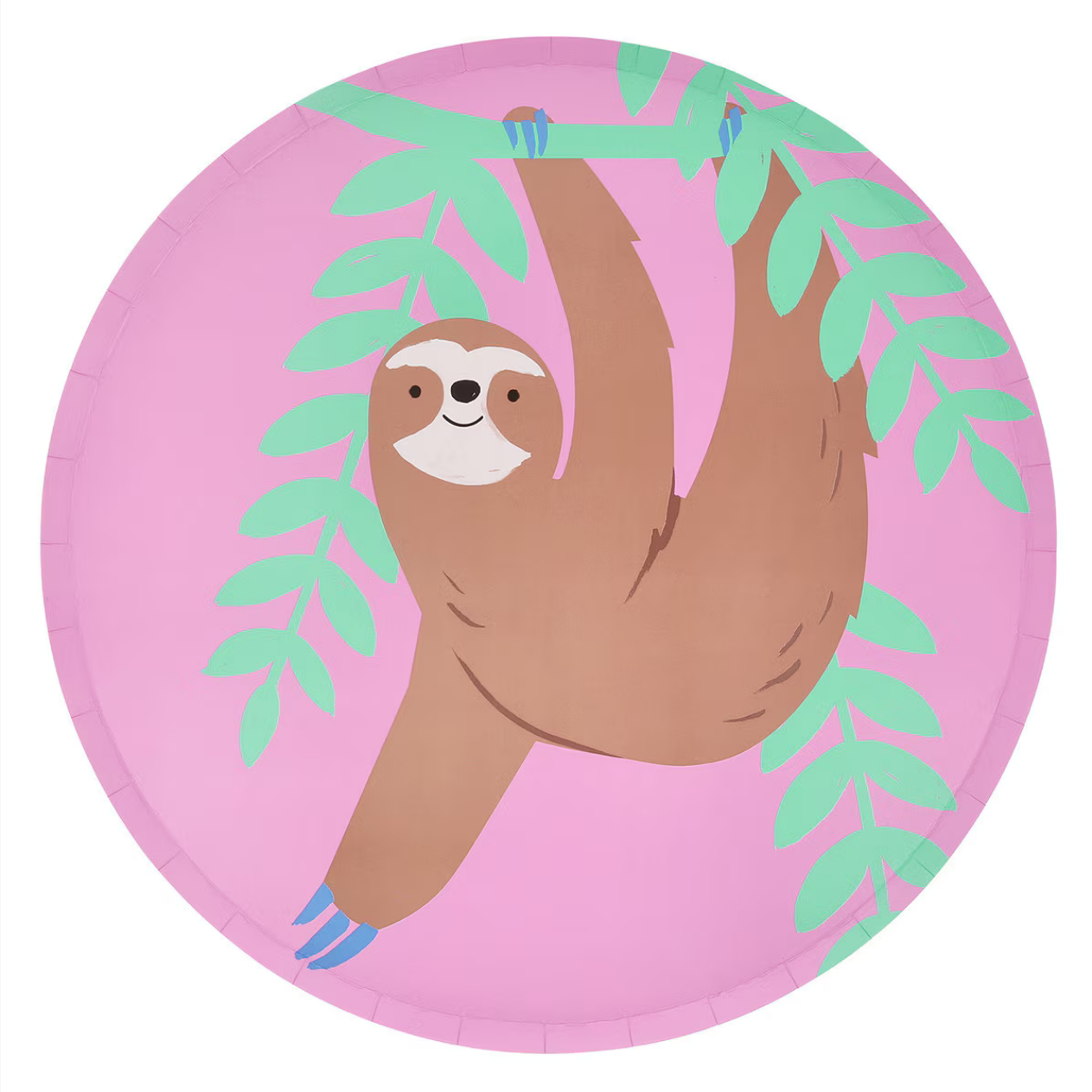 Round pink plate with a sloth design on a white background