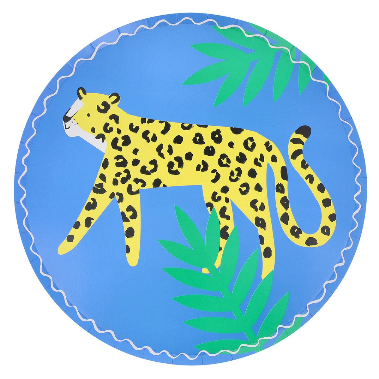 Round sticker with a yellow leopard on a blue background