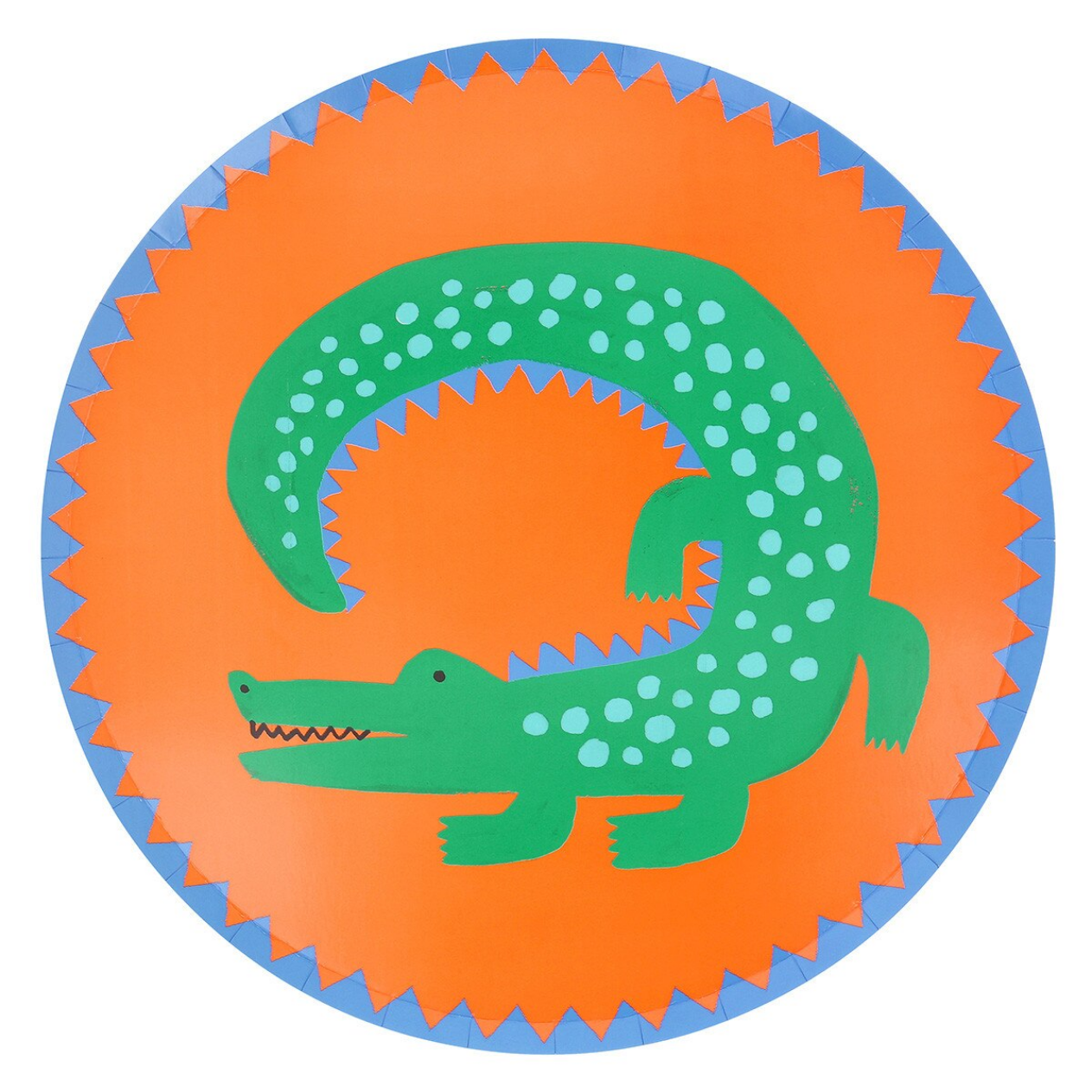 Circular sticker with a green alligator on an orange and blue background