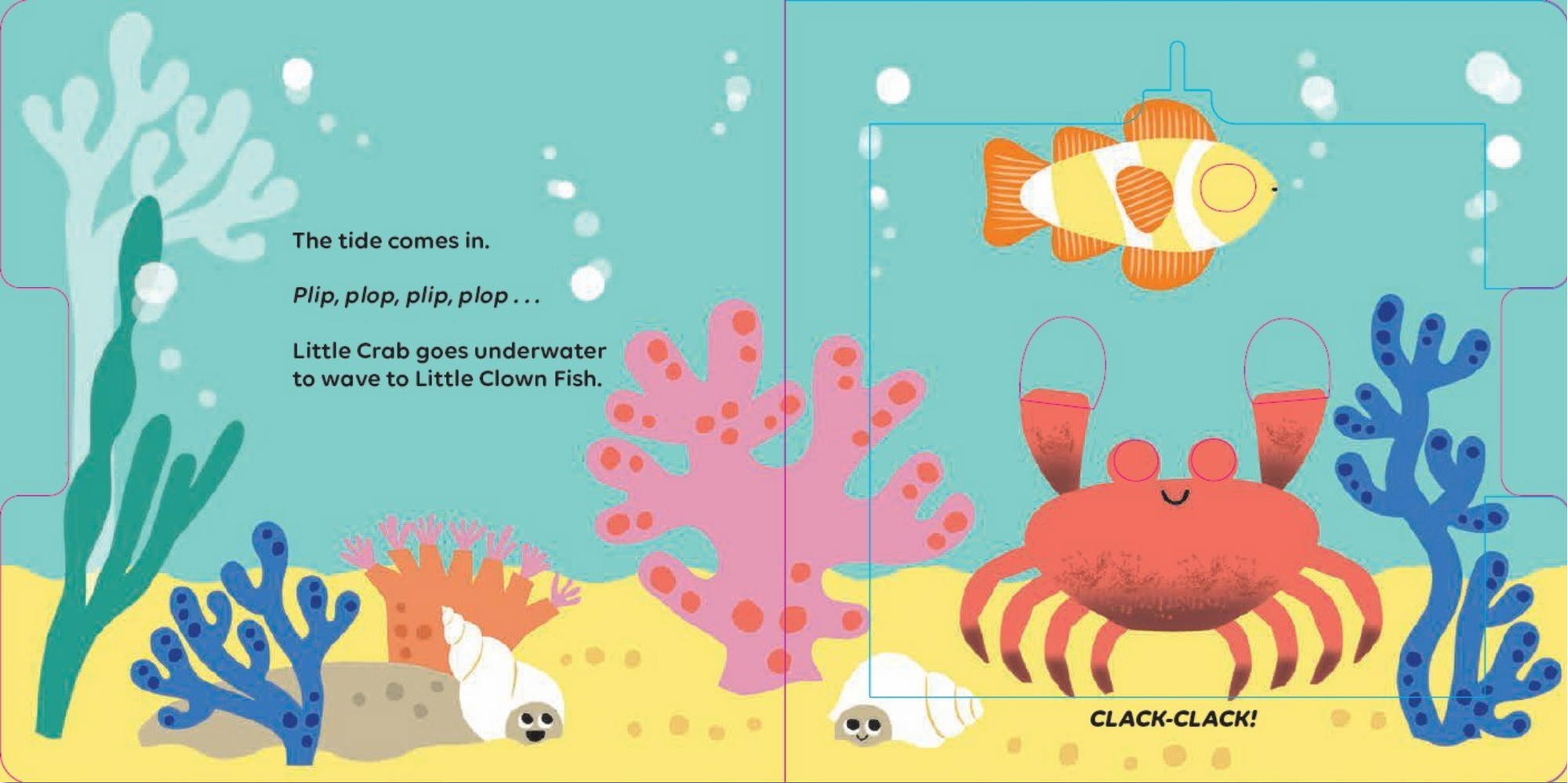 Illustrated book page with a crab and fish underwater scene.