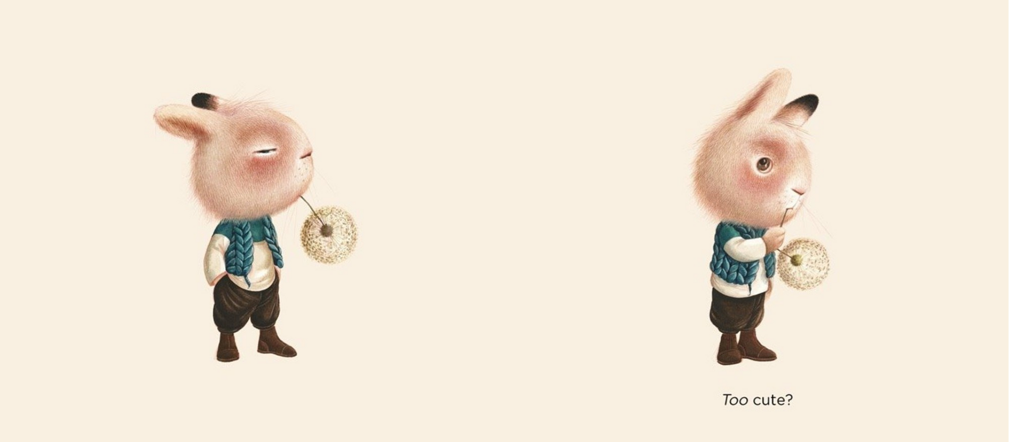 Two cute cartoon bunnies in sweaters with a beige background
