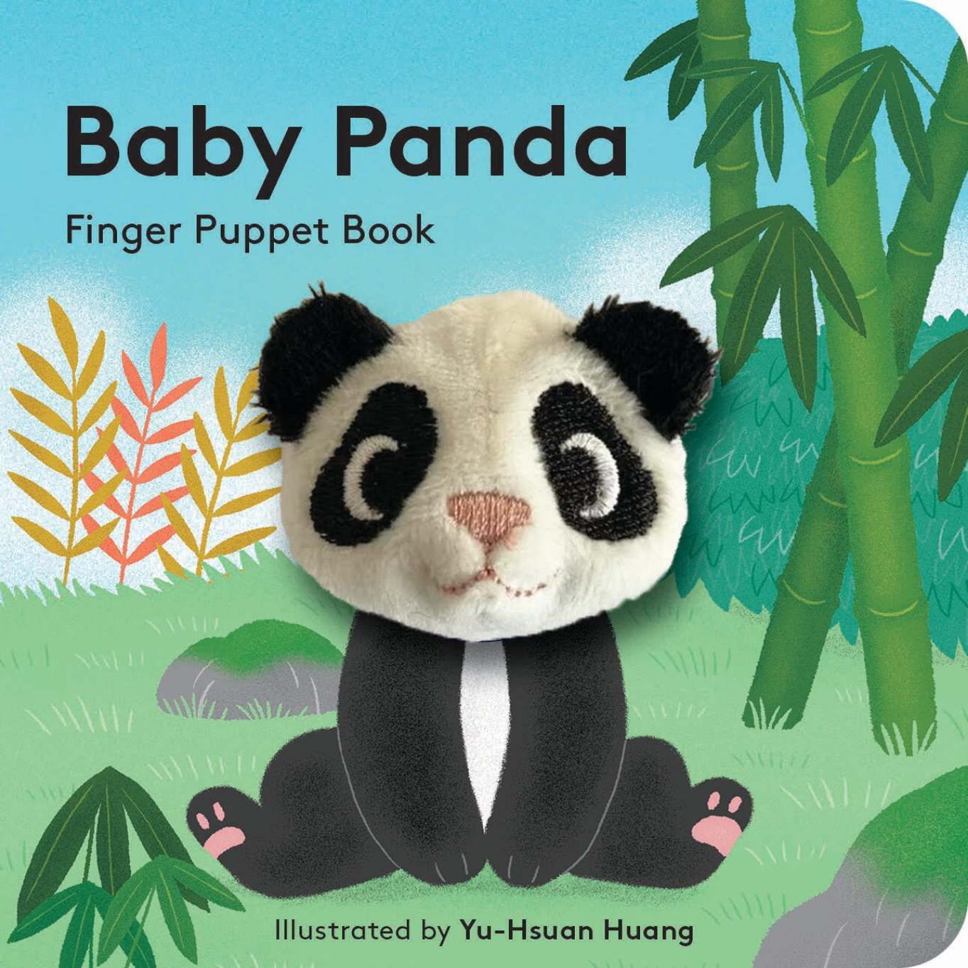 Baby Panda finger puppet book cover with a panda face and bamboo leaves on a blue background