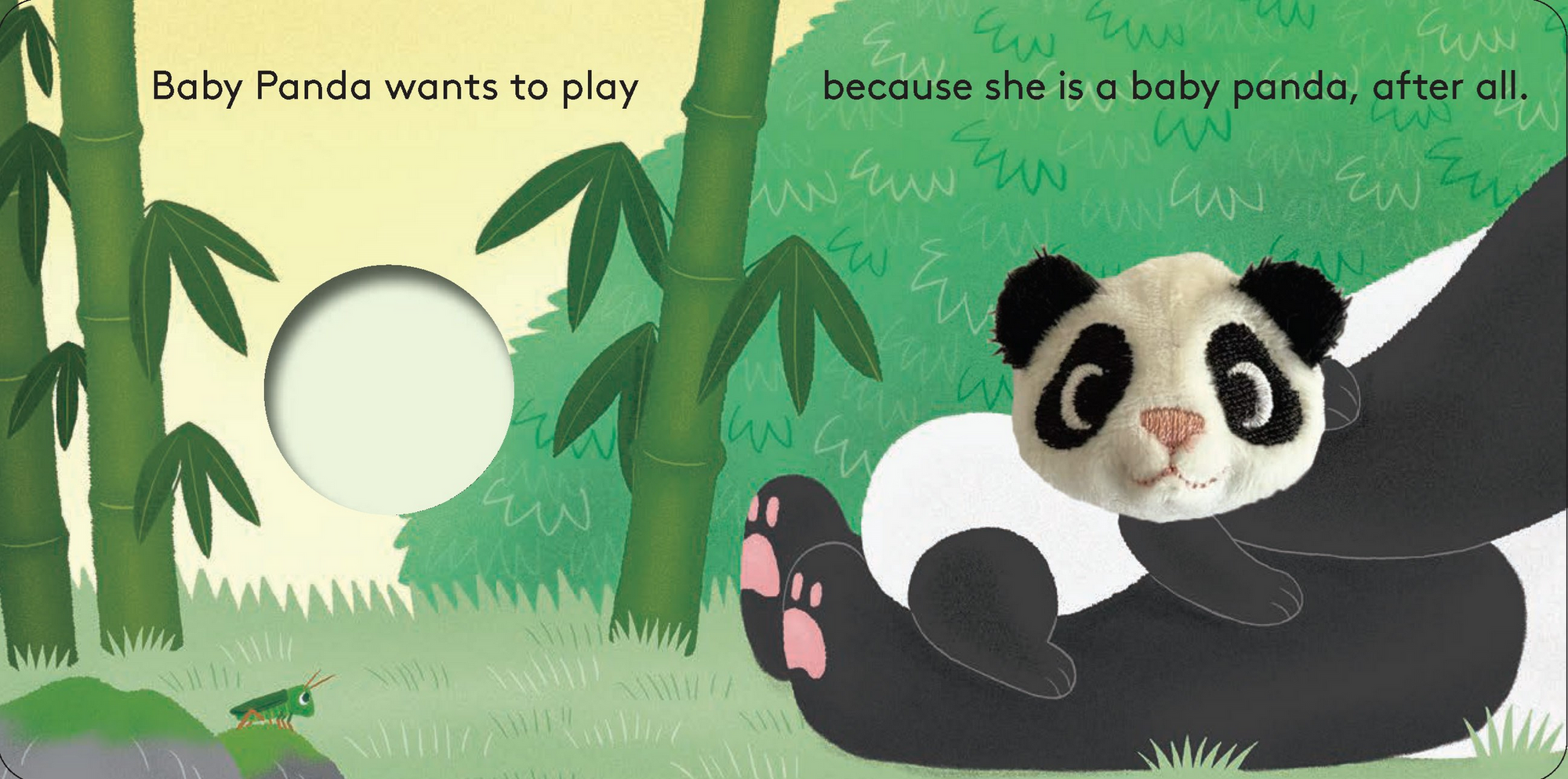Illustration of a baby panda lying on its back with bamboo trees and a moon in the background.