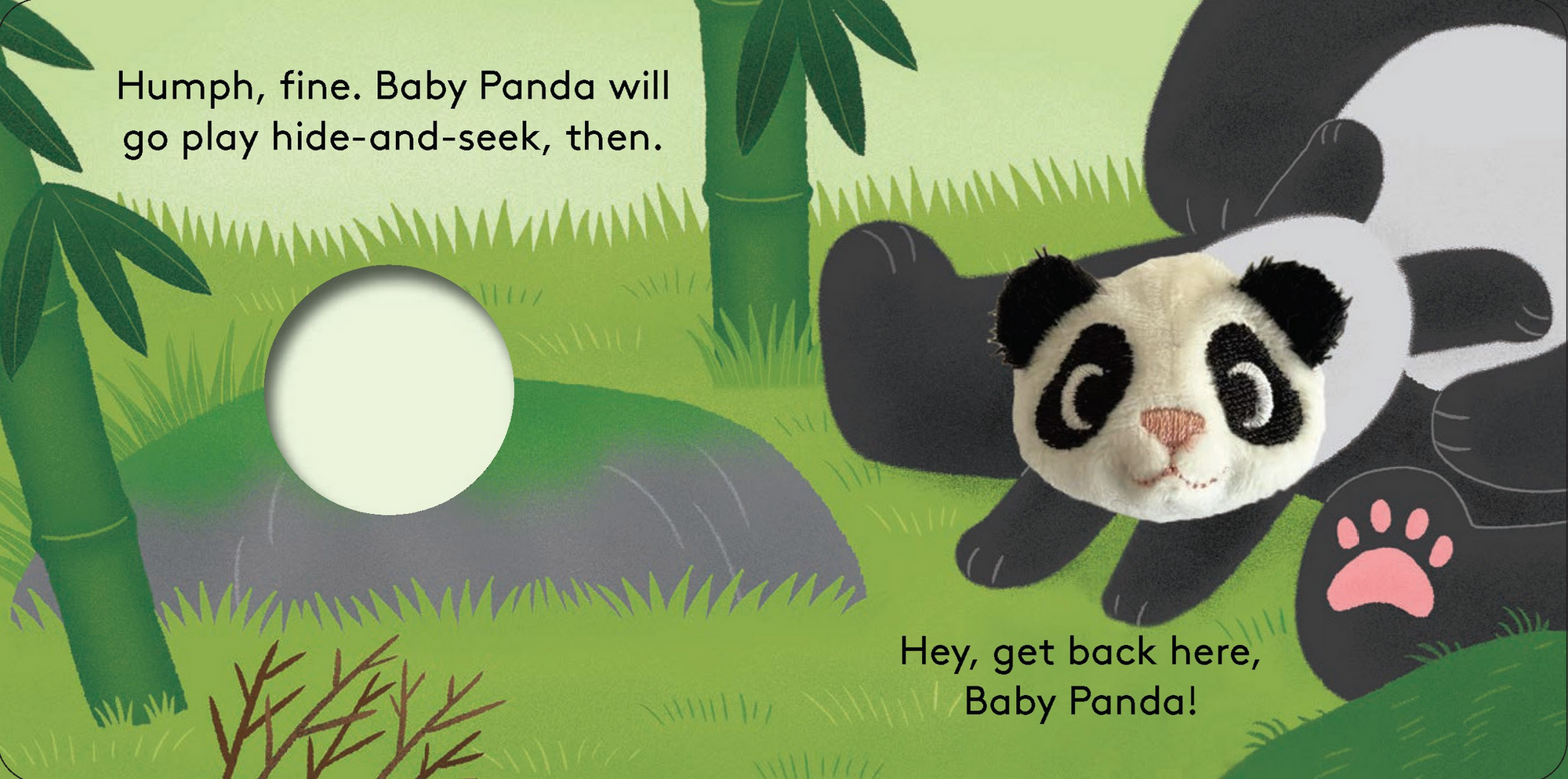 Illustration of a baby panda in a playful pose with text on a green background