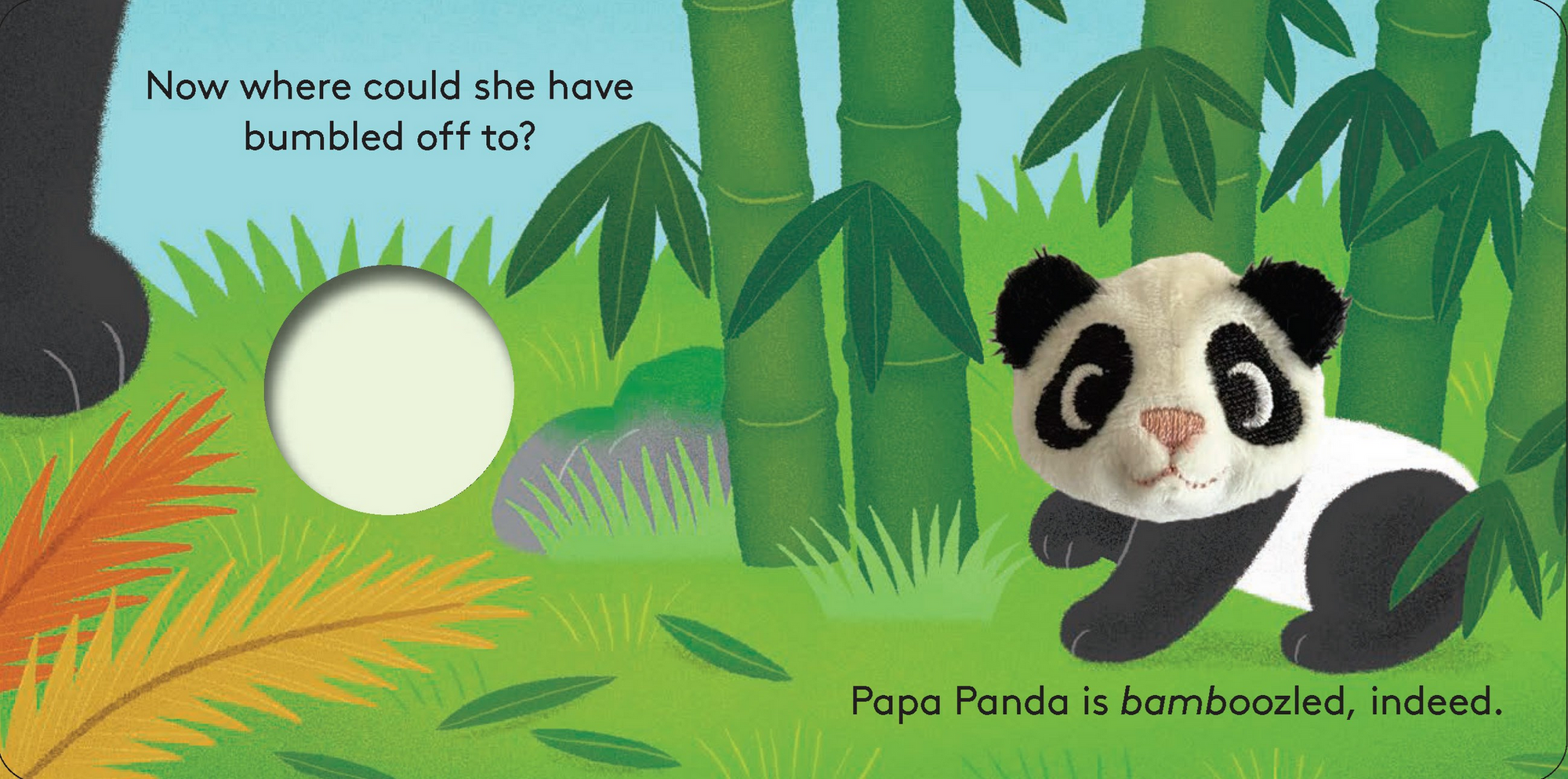 Illustration of a panda in a bamboo forest with text