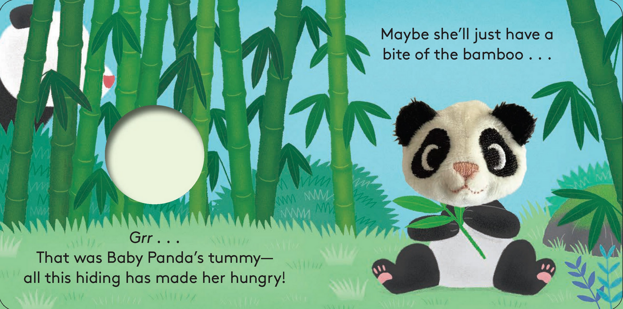Illustration of a panda in a bamboo forest with text about a hungry baby panda.