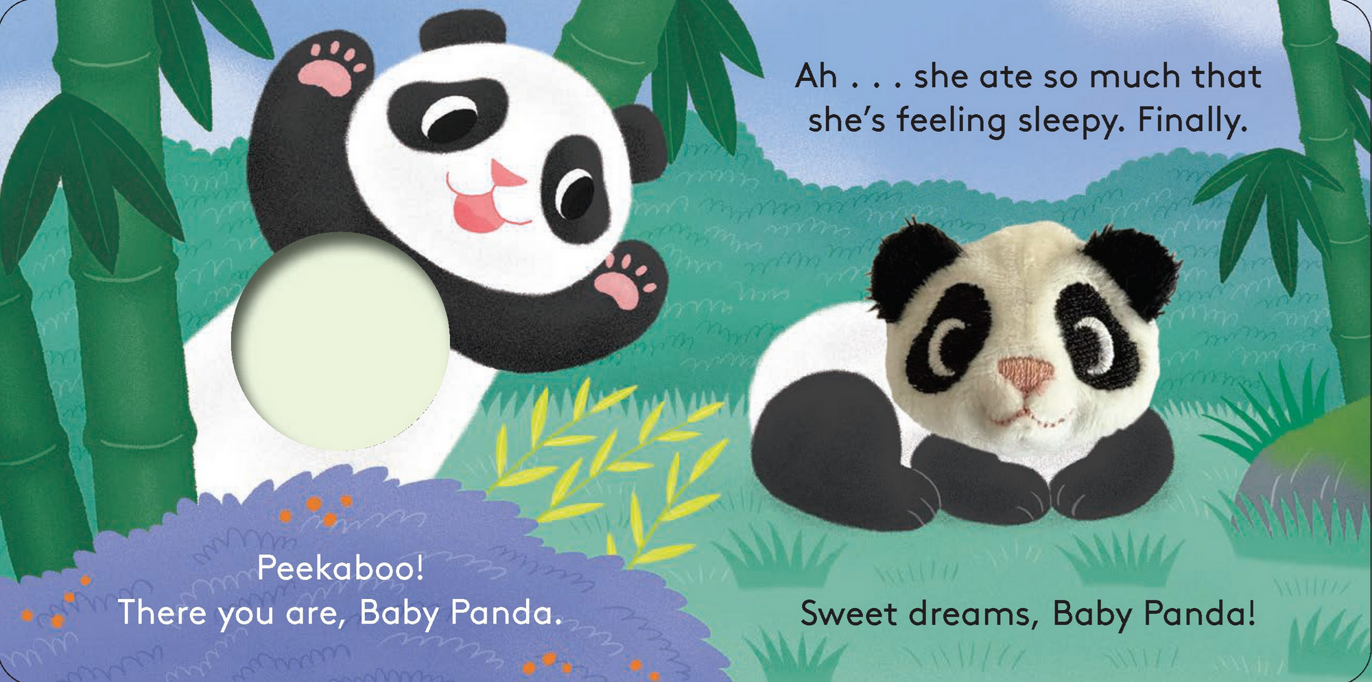 Illustration of two pandas in a bamboo forest with text.