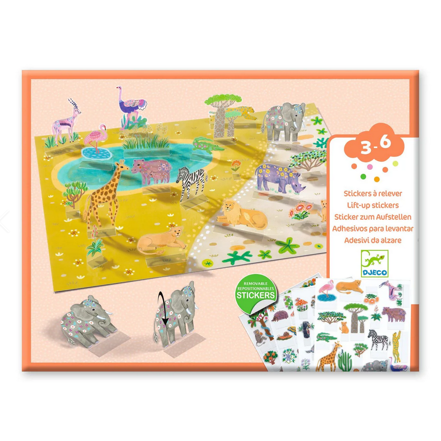 Children's educational toy with animal-themed stickers and a mat, featuring Djeco branding.